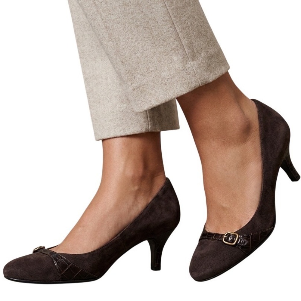 Ann Taylor LOFT Brown Suede Croc Embossed Buckle Kitten Heel Pumps Size 6.5
